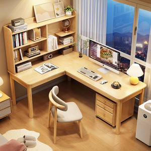 โต๊ะทำงานรูปตัว L แบบ 7 ทิศทางทันสมัย พร้อมชั้นวางหนังสือในตัว โต๊ะเขียนหนังสือไม้จริงสำหรับอพาร์ทเมนต์ขนาดเล็ก ใช้พื้นที่ได้อย่างเหมาะสม - Product Image 4