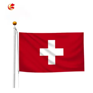 लाल झंडा सफेद क्रॉस के साथ तस्वीर राष्ट्रीय देश स्विस झंडे के साथ दूरबीन डंडे