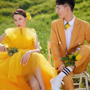 Yellow Tulle Ball Gown Strapless Wedding Dress Natural Waistline For Photo Studio Forest Theme Portrait Photography Outfit - Product Image 2