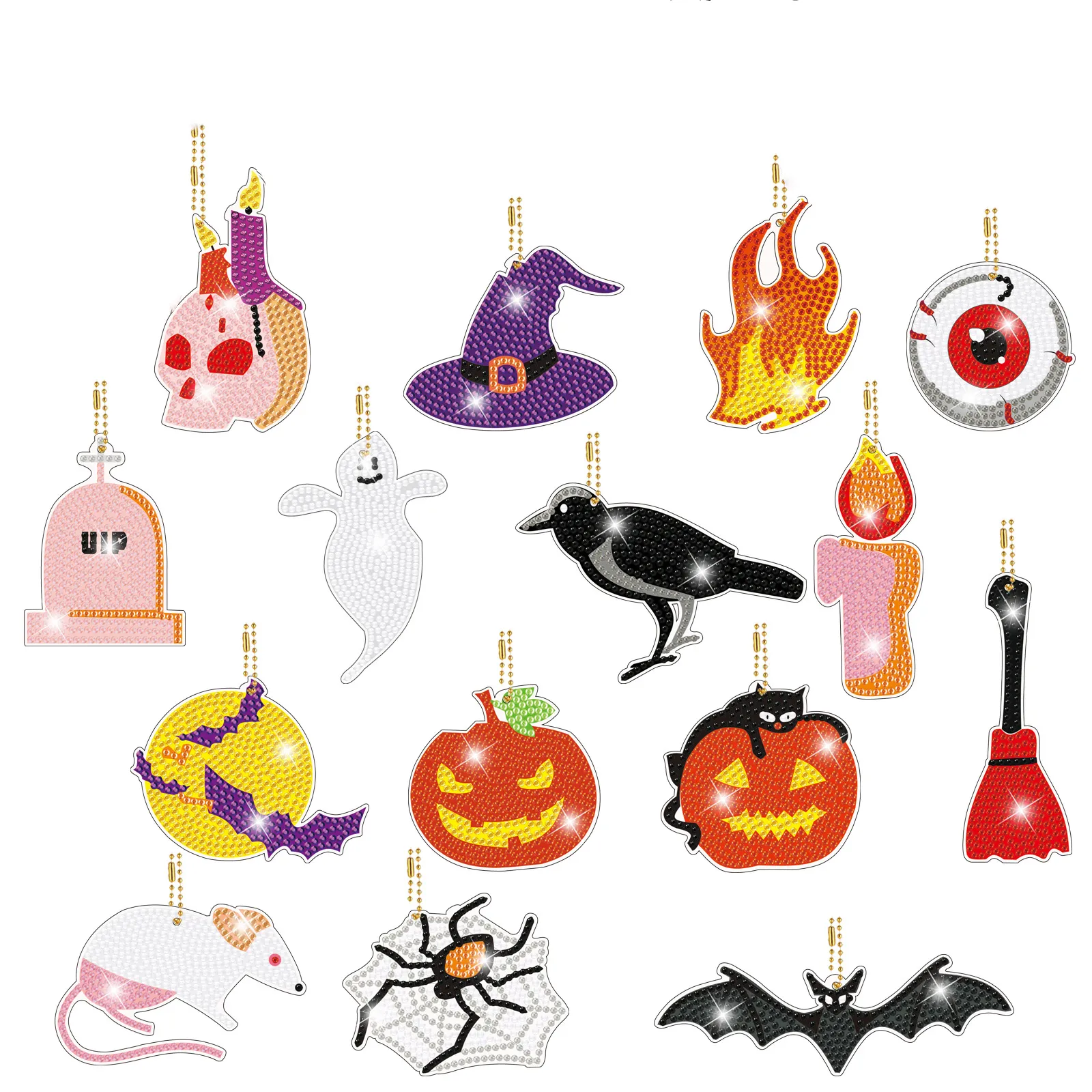 15 Pcs 5D DIY Diamond Painting Halloween Keychain Keyring DIY Diamond Gem Key Rings for Halloween Decoration Kids Gift