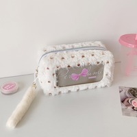 Trousse de Maquillage en Peluche Douce avec Fenêtre Transparente, Imprimé Cœur, Nœud et Fermeture Éclair – Pochette Cosmétique, Trousse à Crayons, Cadeau Mignon pour Filles, Logo Personnalisé, Vente en Gros, OEM