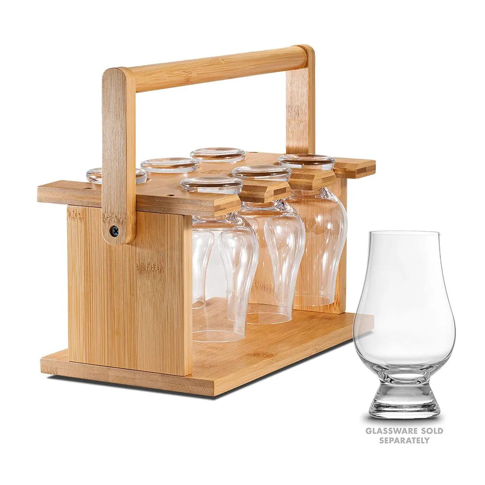 Bamboo Whiskey Glass Holder - Carrier and Drying Rack for Whisky Tasting Glassware