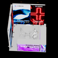 Stand d'exposition personnalisé en forme de cube avec éclairage sur quatre côtés, mur arrière entièrement illuminé avec graphique artistique en néon en forme de croix, vague violette