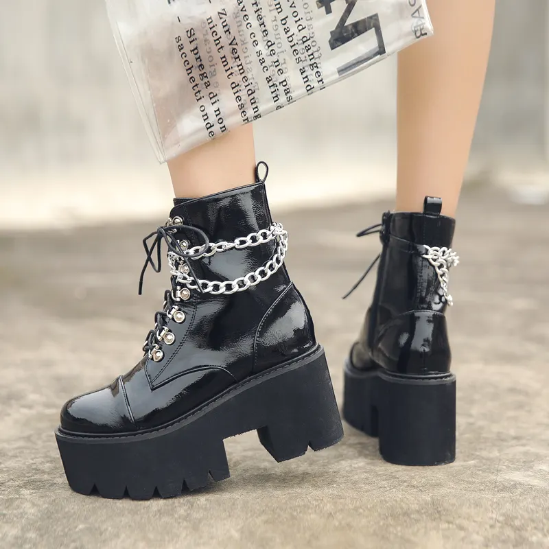 Женские ботинки из лакированной кожи, черные ботинки в готическом стиле на массивном каблуке и платформе, на молнии