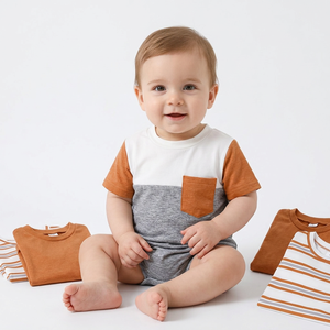 T-shirt décontracté unisexe pour bébé à manches courtes, blanc, gris, orange, avec poche, col rond, hauts d'été 100 % coton, couleur unie, écologique - Product Image 1