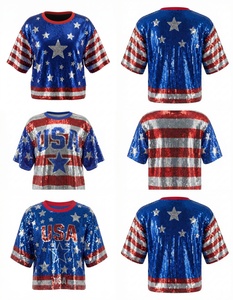 Nuove Magliette USA con Strisce Rosse e Blu e Paillettes a Stella per Donne, Celebrazione dell'Indipendenza 4 Luglio, Collo Tondo, Ricamo con Paillettes - Product Image 3