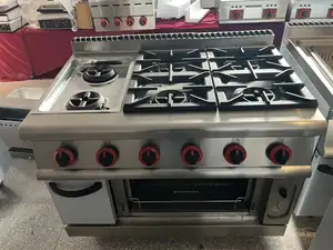 Equipo de cocina para restaurantes y hoteles TARZAN, estufa de Gas de acero inoxidable, rango de 6 quemadores de gas con horno eléctrico