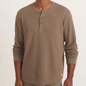 Custom Men Soft Breathable Waffle Knit Henley TShirt Heavy Weight Tshirt Organic Cotton Long Sleeve Casual Pullover Tops - Product Image 6
