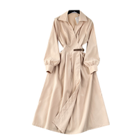 Robes midi élégantes pour femmes, à col tailleur, manches longues, taille cintrée avec boucle, robe utilitaire pour le printemps et l'automne