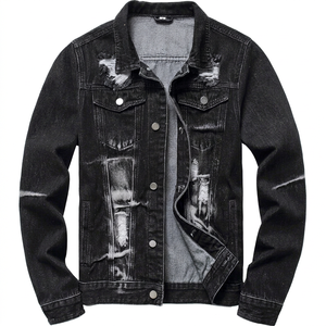 Veste en jean noire délavée pour homme, style décontracté, à boutonnage simple, avec déchirures, coupe droite, col rabattu - Product Image 1