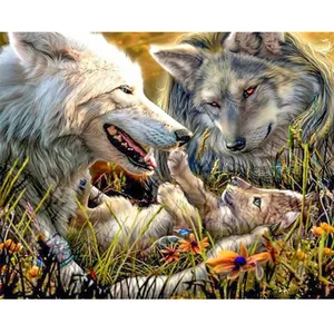 Tranh đính kim cương tự làm 5D gia đình sói mỉm cười hạnh phúc đầy đủ khoan người lớn trang trí nghệ thuật nhà động vật Bộ dụng cụ thêu kim cương