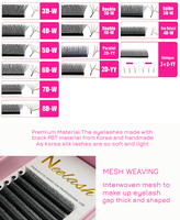 Extensions de cils Neelash coréennes en PBT, forme coupelle, longueurs 7-18mm, fibres technologiques, cruelty-free, style naturel, faites à la main, 3D 4D 5D