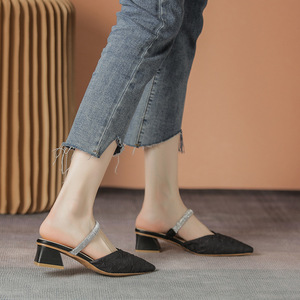 Nouvelles sandales et mules à talon épais pour femme, ornées de strass, à <span class=keywords><strong>bout</strong></span> <span class=keywords><strong>pointu</strong></span> et talon moyen, idéales pour l'été - Product Image 3