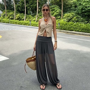 Women Sheer Mesh Balloon <b>Pants</b> with Pleated Waistband Loose Fit Harem Trousers for <b>Summer</b> Beach Yoga Boho Style - Product Image 5