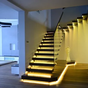 LED Light Automatic System Indoor Straight Floating Staircase Modern Carbon Steel Safety 12mm Tempered Glass Open Riser Stairs