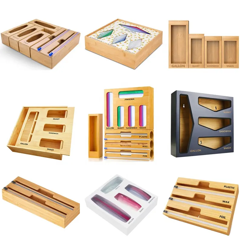 Custom Color Wall Mount 6 9 IN 1 Bamboo Foil Cutter and Plastic Wrap Organizer Bamboo Ziplock Bag Storage Organizer Box