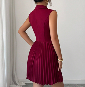 <span class=keywords><strong>Abito</strong></span> <span class=keywords><strong>Mini</strong></span> da Donna con Colletto Blazer Senza Maniche Bordeaux 2026, Doppio Petto e Pieghe, per Ufficio e Feste - Produzione ODM OEM Personalizzata - Product Image 2