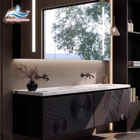 Meuble-lavabo mural moderne à LED avec éclairage intégré, plan de travail en bois, double vasque et miroir inclus, idéal pour les hôtels