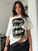 T-shirt graphique Y2K à épaules dénudées pour femme, imprimé lèvres tendance, manches longues, coupe décontractée en mélange de coton, crop top ample