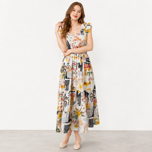 Abito lungo da donna con stampa tropicale fantasia, corpetto smock, spalline arricciate, orlo a balze, vestito estivo da spiaggia, nuovo stile - Product Image 2
