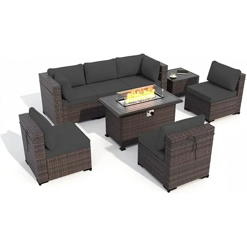 Altovis 8 piezas muebles de exterior PE mimbre ratán sofá seccional patio conversación conjunto con mesa de fogata de gas propano