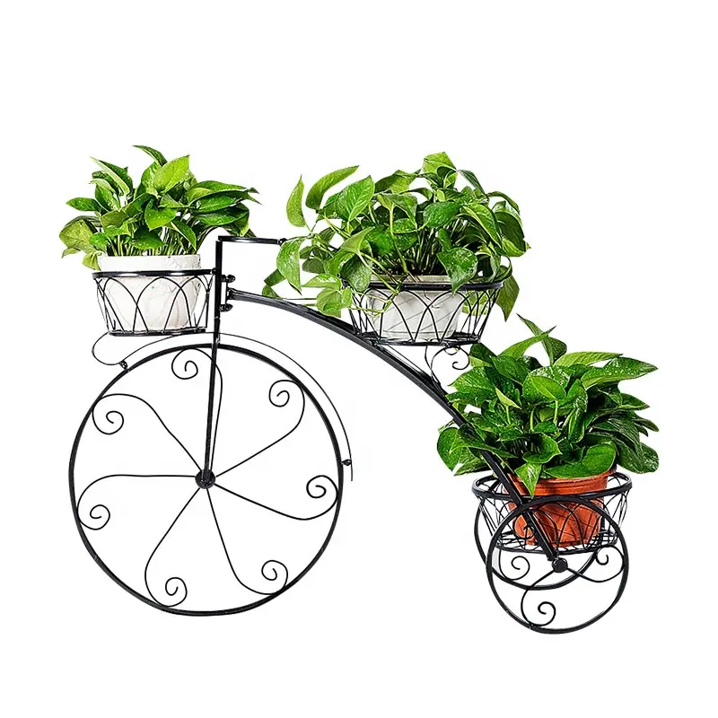 Siyah üç tekerlekli bisiklet Metal saksı standı ev bahçe dekor seramik saksı demir raf ile açık