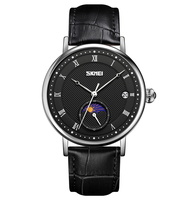 Montre analogique à quartz Skmei 9308 populaire avec phases de lune, boîtier en alliage, bracelet de 20 mm, résistante à l'eau, bracelet en cuir, affichage de la date pour homme