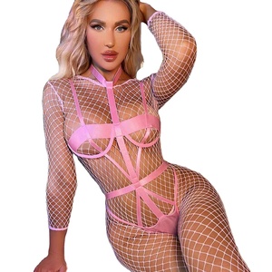 Combinaison en résille noire et rose à la mode, pour femmes, avec découpes, transparente, en deux pièces, <span class=keywords><strong>lingerie</strong></span> sensuelle à bandeaux - Product Image 1