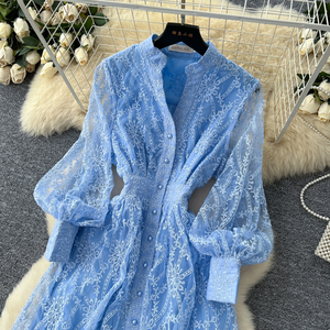 Abiti Casual eleganti vintage da donna <span class=keywords><strong>con</strong></span> collo alto a bottone singolo in vita in <span class=keywords><strong>Tulle</strong></span> ricamato abiti lunghi per donna - Product Image 6