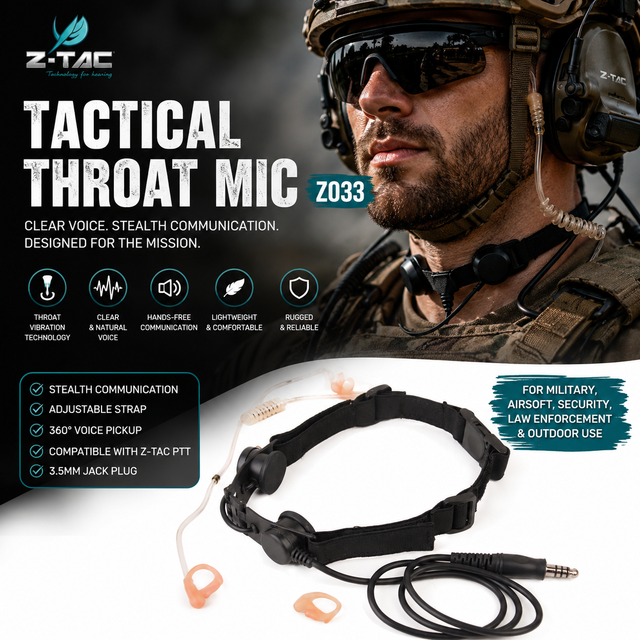 Z-TAC TACTICAL Throat Microphone Communication Function Tactical Hearing Protection Headset Simple Cheaper Comfort 5-7 Hours