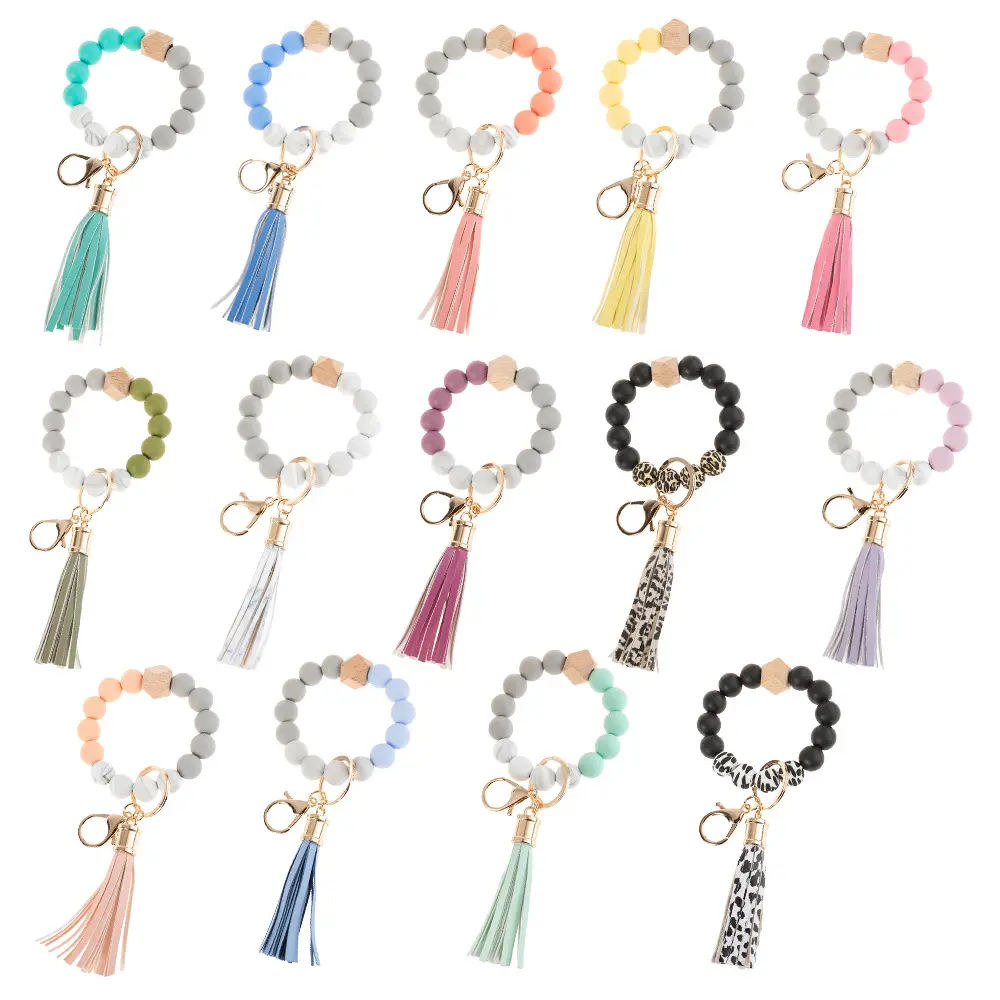 Bracelet perlé en Silicone, porte-clés, porte-clés, Bracelet, chaînes pour femmes avec pompon en cuir, perles en bois, porte-clés