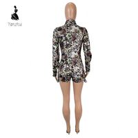 Combinaison-short femme 2026 ajustée à manches longues avec fermeture éclair, taille haute, une pièce, avec poches, tricotée, motif camouflage