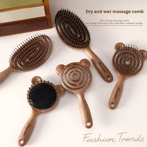 Peigne de massage antistatique à grain de bois - Double usage pour cheveux humides et secs, brosse à cheveux en forme d'ours avec coussin d'air pour masser le cuir chevelu - Product Image 2