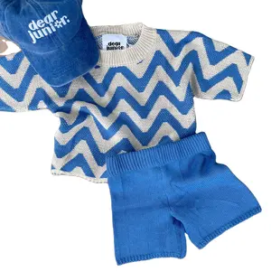 Custom Chevron Stripe Knit Clothes Baby Oversize Tee Tops Shorts Sweater Children Knit Two Pieces Set