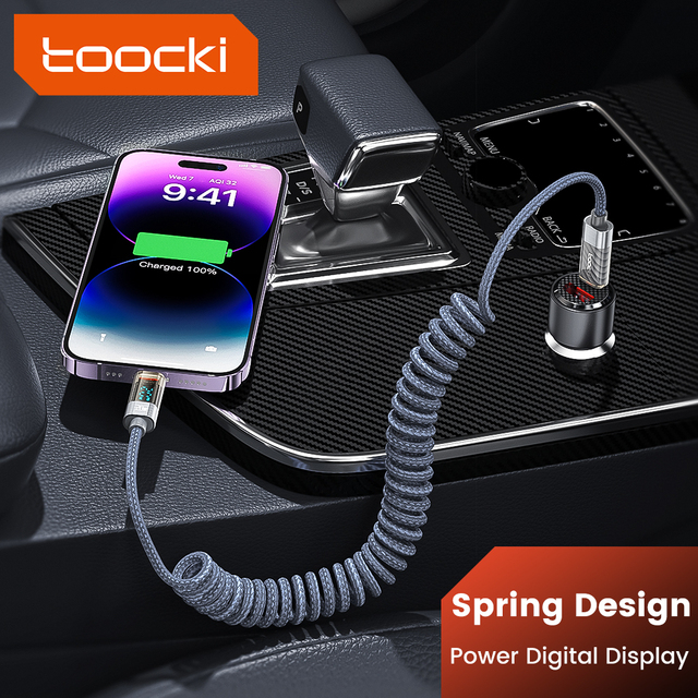 Toocki Fast Speed 20W Spring Digital Retractable Cord Transparent LED Display 480Mbps USB Charging Cable