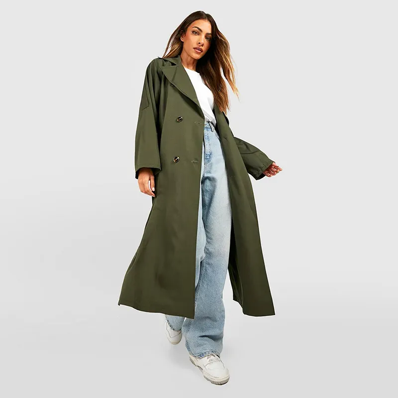 Oem Customized Manufacturer Army Green Relaxed Notched Collar Double Breasted Long Sleeves Oversized Long Trench Coat For Women