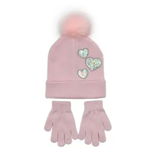 Anak-anak OEM disesuaikan PU Patch Jacquard Beanie topi luar Cuffed lucu Pink Pom Pom Beanie sarung tangan Set