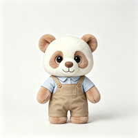 Peluche Panda Marron Clair Unique avec Chemise à Col Bleu et Salopette Kaki, Poupée Panda Assise, Souvenir Chinois