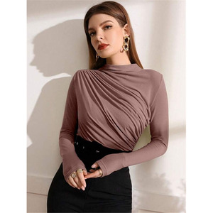 T-shirt da <span class=keywords><strong>donna</strong></span> autunno e inverno t-shirt a <span class=keywords><strong>collo</strong></span> <span class=keywords><strong>alto</strong></span> con Design plissettato Streetwear t-shirt Joker a maniche lunghe t-shirt da <span class=keywords><strong>donna</strong></span> - Product Image 5