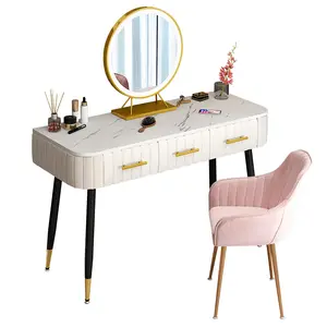 Coiffeuse 3 pièces, meuble de chambre à coucher, pieds en métal, avec miroir et éclairage Led, Installation de miroir, plateau en marbre gratuit, coiffeuse de bureau