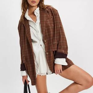 Blazer a Cuadros Marrón Extra Grande para Mujer, Estilo Casual de Negocios, Blazer a Cuadros Moderno para Damas - Product Image 1