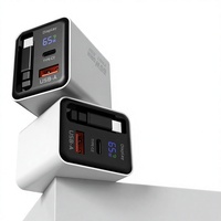 Chargeur GaN à affichage numérique avec cordon rétractable 65W compatible avec les téléphones/tablettes Android ; adaptateur multi-ports USB-A/USB-C
