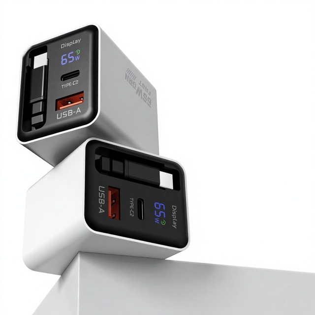 65W Retractable-cord Digital-display GaN Charger Compatible /Android Phones/tablets; Multi-port USB-A/USB-C Adapter