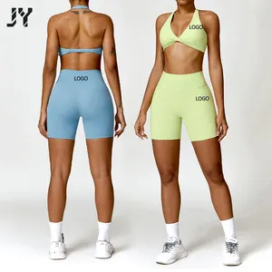 Joyyoung Customised New Hot High Quality Suit Hanging Neck Bra Design Shorts High Waisted Hip Lifting Exercise Yoga Set