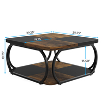 Table basse carrée avec table basse de style farmhouse de 40 pouces avec étagère de rangement en bois, métal robuste incurvé