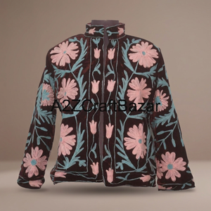 Blouson en velours pour femme, broderie florale, col mandarin, manches longues, fermeture éclair, fait main, automne - Product Image 6