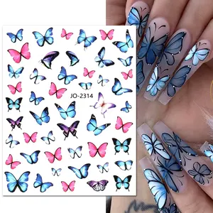 3D Holographic Butterfly Blue Sliders Nail Stickers Laser Colorful Shimmer Gel Decal Manicure Foils Wraps Butterfly Sticker Nail