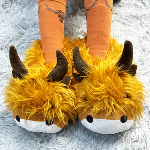 2024 Ned Indoor Highland Cow Plush Slippers Toy Animal Slippers Brown Custom Design Indoor Shoes