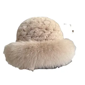 Topi rajut bulu kelinci asli untuk wanita, topi beanie rajut bola bulu rubah musim dingin untuk wanita