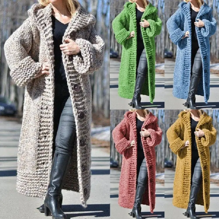 Autumn And Winter New Fashion Women'S Hooded Cardigan Thick Solid Color Loose Casual Sweater Long Sweater Coat